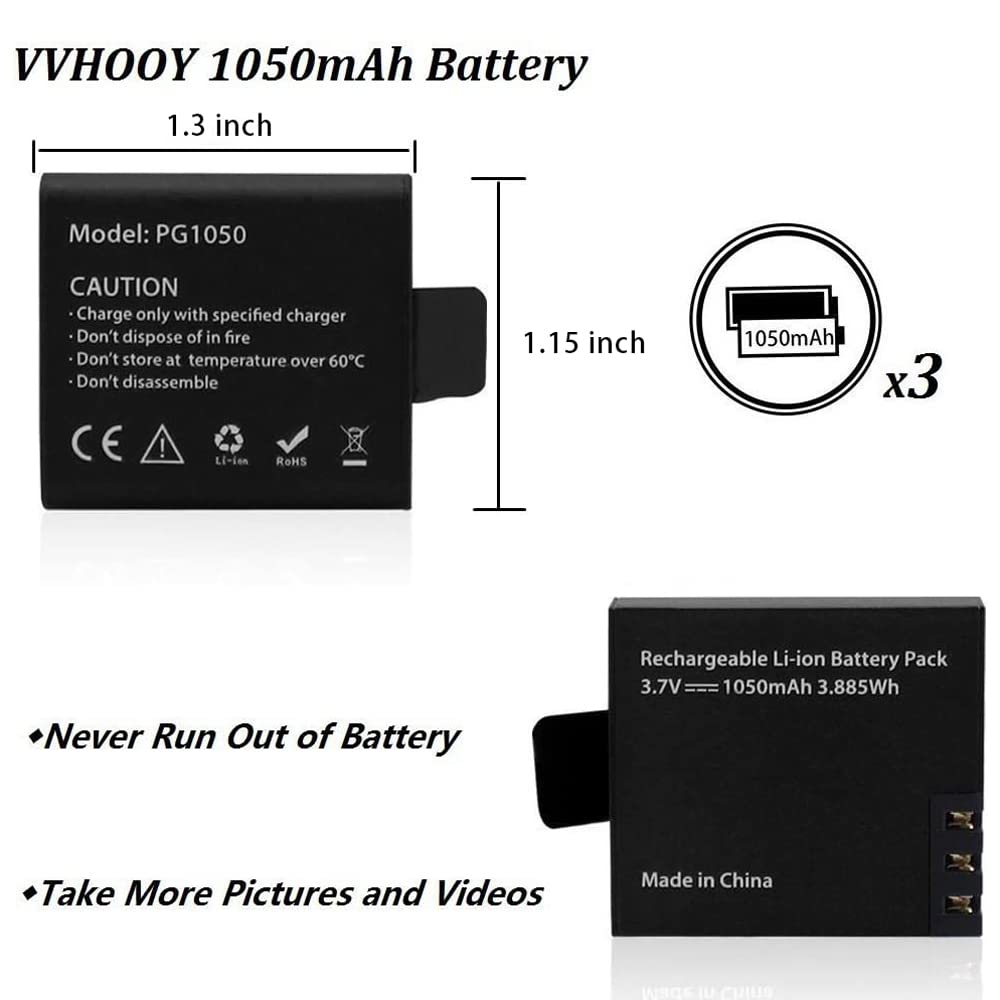Vvhooy 3 X 1050Mah Rechargeable Action Camera Battery With Usb Dual Charger Compatible With Akaso Ek7000/Brave 4/V50X/Apexcam/Ve