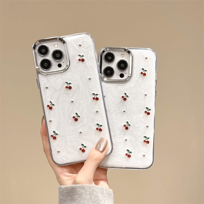 Cute Case For Iphone 16,Red Cherry Pearls With Phone Charm Chain,Pearlized Fruit Case For Women Girls Designed Shockproof