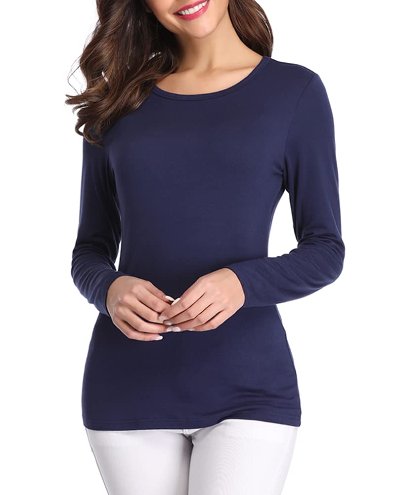 Fuinloth Womens Basic Long Sleeve T Shirts, Crewneck Slim Fit Spandex Tops, Plain Layer Underscrub Tees Navy Blue 2X Large