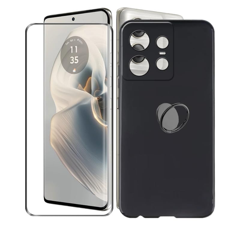Aqggiixy Phone Case For Motorola Edge 50 Pro, With 1 Pcs Screen Protector, 360 Rotatable Ring Holder, Ultra Thin Black Soft Sili