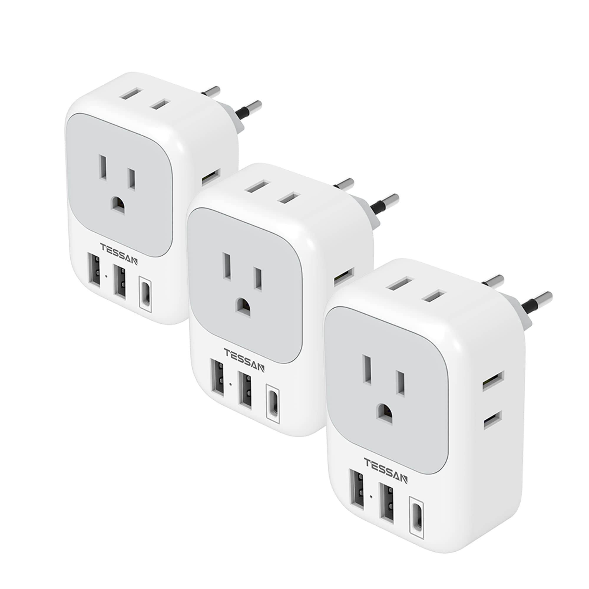 Tessan 3 Pack European Travel Plug Adapter Usb C, Us To Europe Plug Adapter With 4 Ac Outlets And 3 Usb Ports, Type C Power Adap