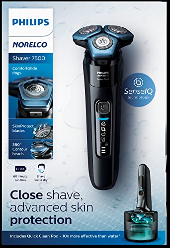 Philips Norelco Shaver 7500, Rechargeable Wet & Dry Electric Shaver With Senseiq Technology, Quick Clean Pod, Travel Case And Po