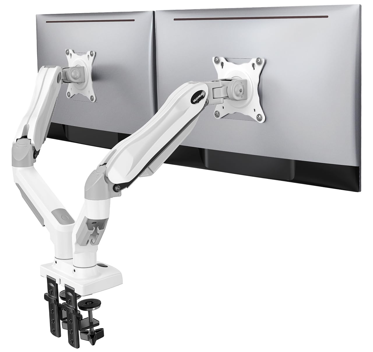 Huanuo Dual Monitor Stand   Full Adjustable Monitor Desk Mount Swivel Vesa Bracket With C Clamp, Grommet Mounting Base For 13 To 32 Inch Computer Screens   Each Arm Holds 4.4 To 19.8Lbs   Whtie