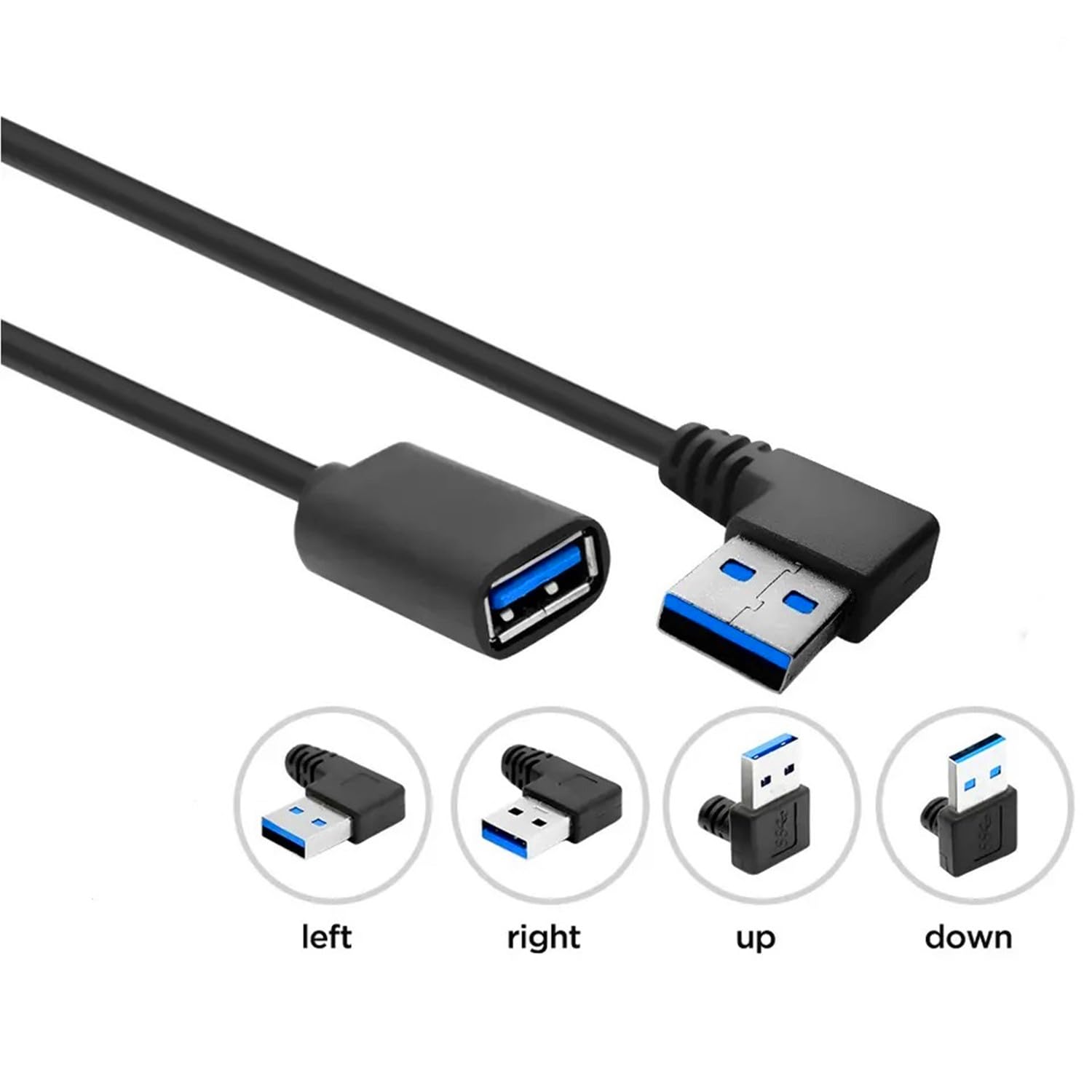 Alinna Usb 3.0 Extension Cable, 90 Degree Left Angle Black Usb 3.0 Male To Female Extender Cord For Computer, Tablet, Television, Projector, Printer, Flash Drive, Usb Keyboard, Gamepad 30Cm