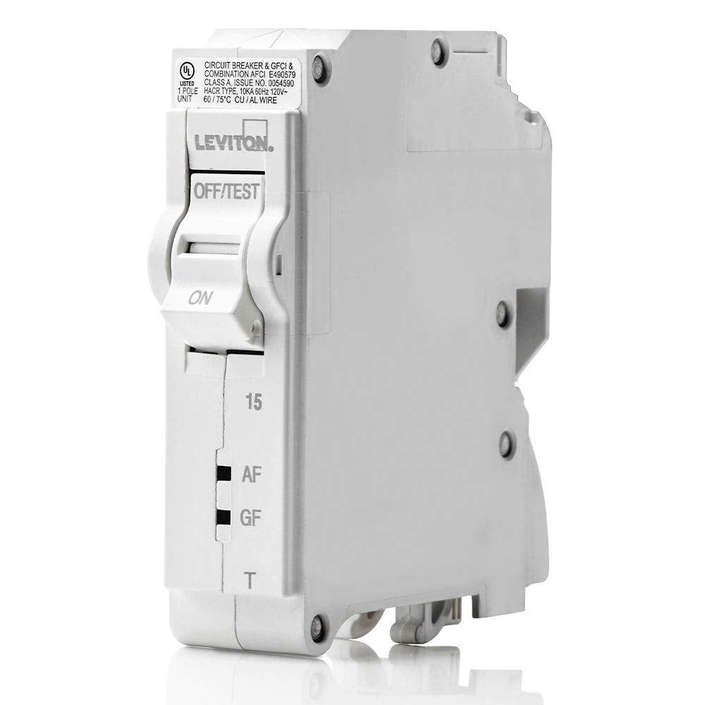 Leviton 15A 1-Pole Plug-On AFCI/GFCI Branch Circuit Breaker, Thermal Magnetic, 120 VAC, LB115-DFT, White