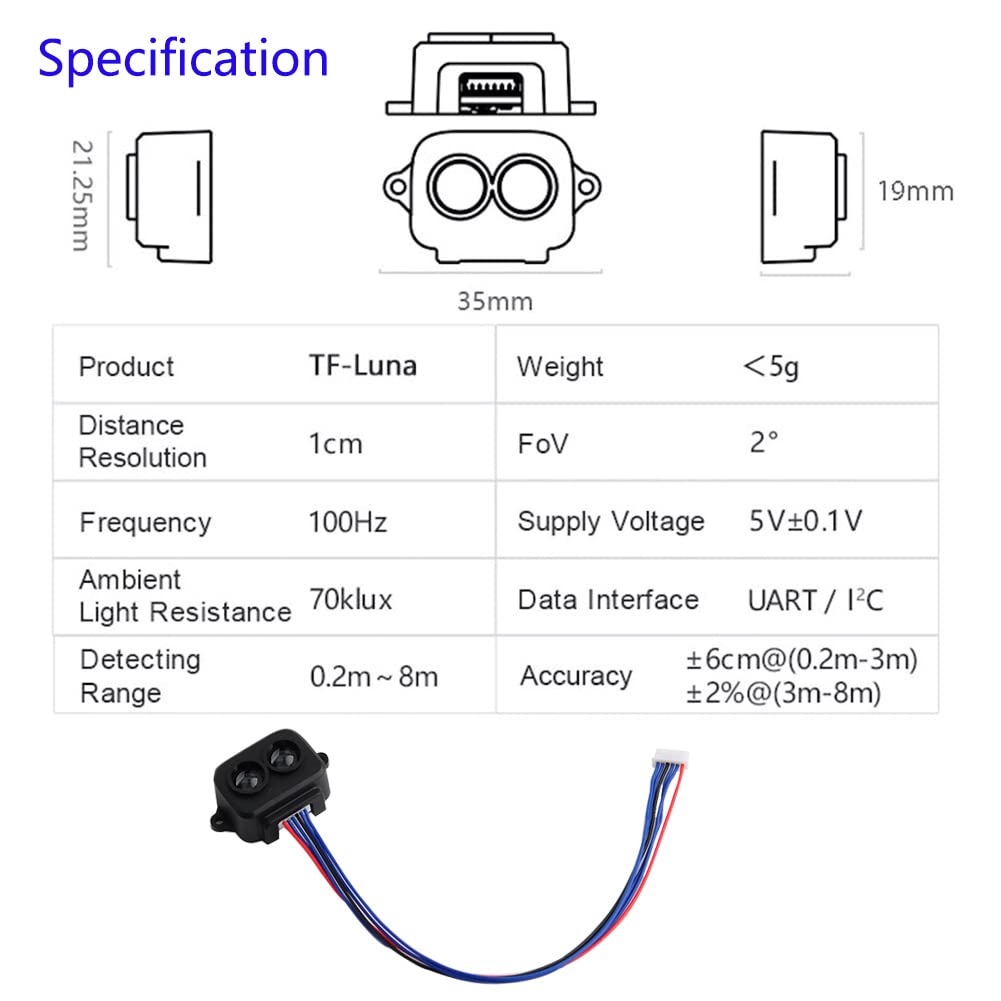 Wishiot Tf Luna Lidar Range Finder Sensor 0.2M 8M Single Point Ranging Module Uart/I2C 5V With 6Pin Terminal To Dupont Cable For