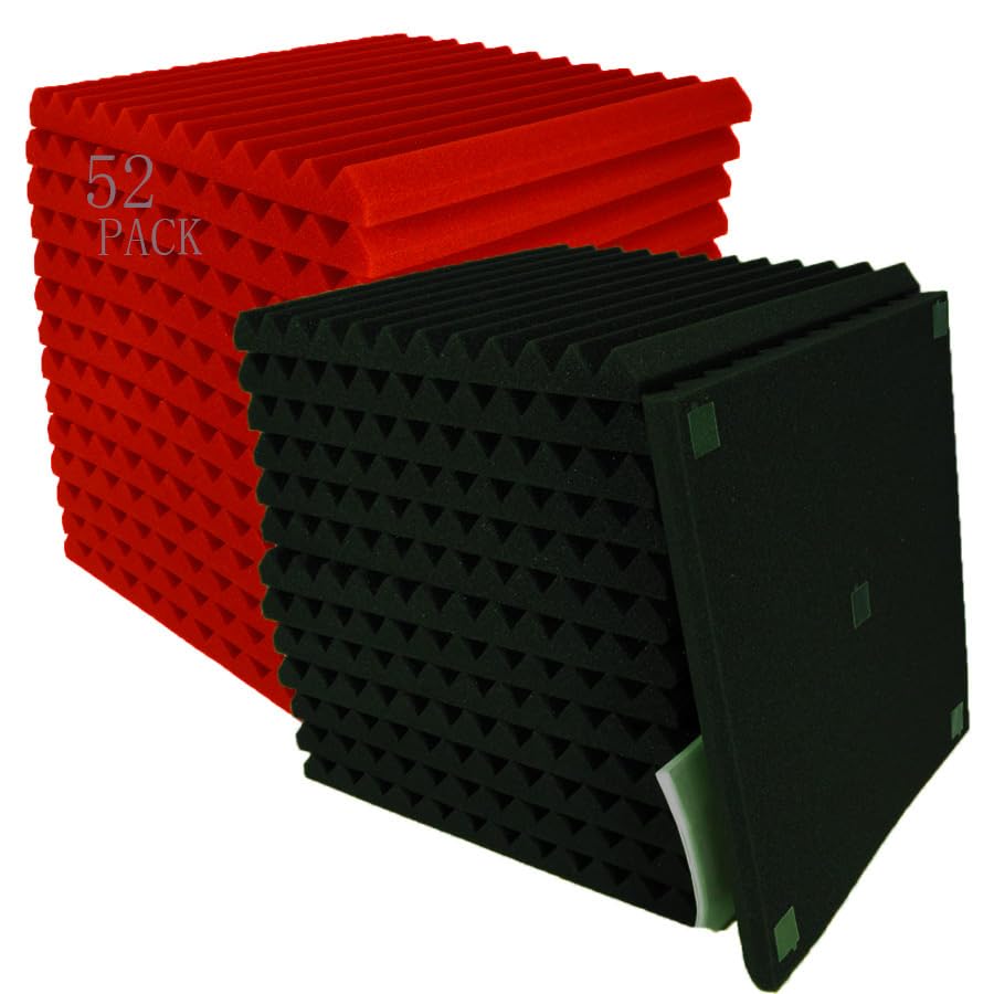 52 Pack Black Red 1'' X 12'' X 12'' Acoustic Wedge Studio Foam Sound Absorption Wall Panels