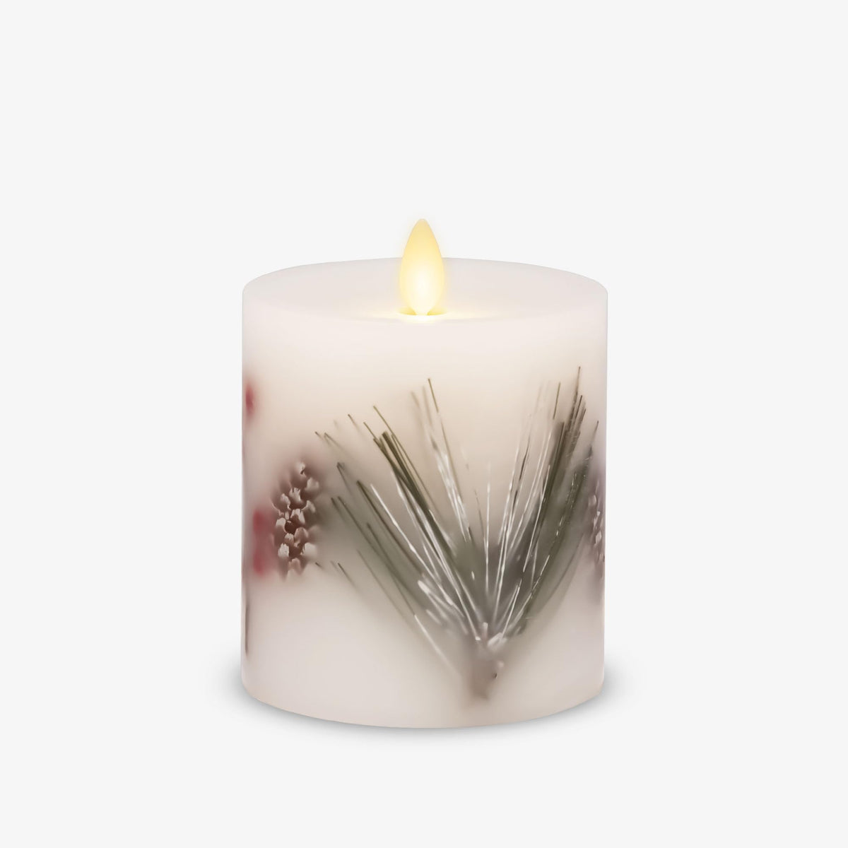 Luminara Embedded Flameless Led Candle, Pine Berries 3.5'' X 4.5'', Moving Flame Pillar, Battery Operated Timer, Real Wax, Unsce