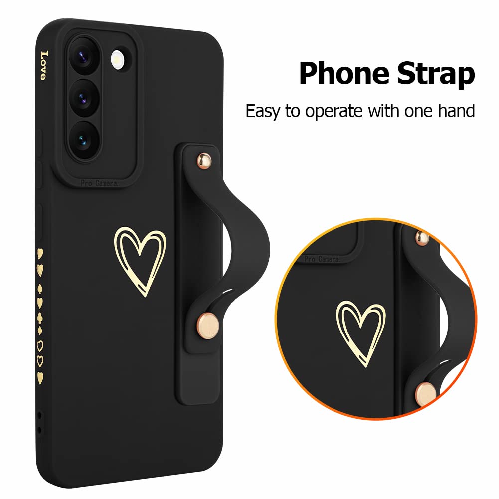 Fiyart Galaxy S22 Plus Phone Case Love Hearts Pattern Slim Protective Camera Protection Cover Wrist Strap Stand TPU Black 6.6"
