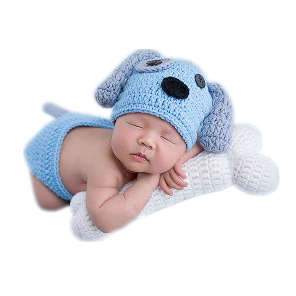Coberllus Newborn Baby Photo Props Outfits Crochet Knitted Blue Puppy Dog Bonnet Cap Hat, Pants & Bone Set For Boys Girls Photog