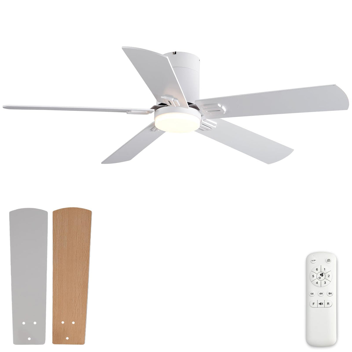 Boomjoy Morden White Ceiling Fans With Lights, 48 Inch Ceiling Fan With Light, Low Profile, 3 Color Temperature, Timer, Reversib