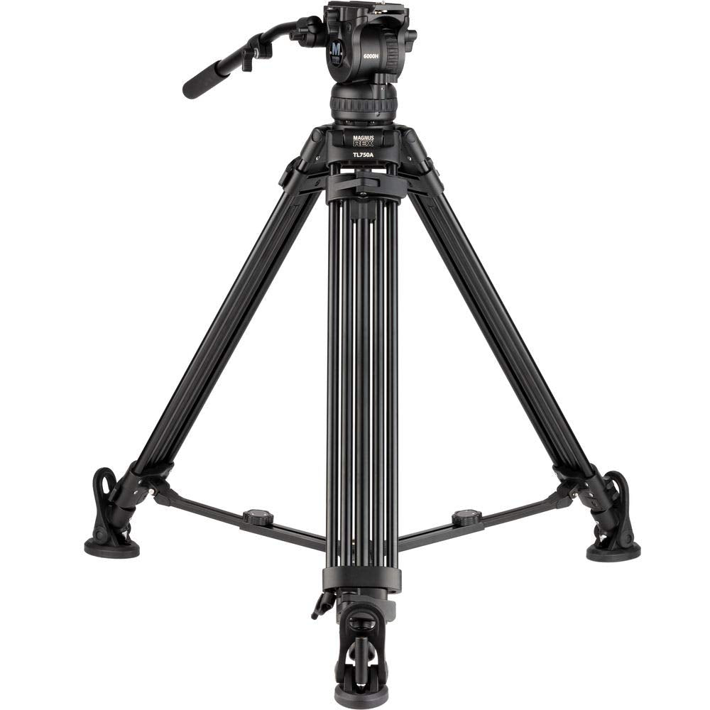 Magnus REX VT-6000 2-Stage Aluminum Video Tripod with Fluid Head, 75mm Half Ball, Extends to 65   , Max Load 17 lbs. Dual-spiked