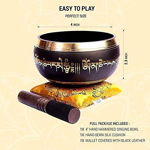 Tibetan Singing Bowl Set Bronze   Master Healing Grade   With Tibetan Thangka Art   Pure Tone By Himalayan Bazaar (Black & Yello