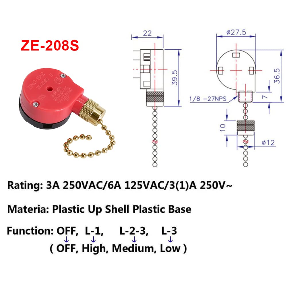 Zing Ear Ze 208S Pull Chain Switch,3 Speed Control Switch Compatible With Hunter Ceiling Fans, Lamps And Wall Lights (Brass Pull