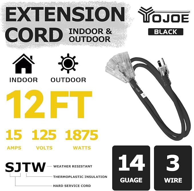 Yojoe 3 Outlets Indoor Outdoor Extension Cord With Lighted End, 3 Prong 15A Weatherproof Power Cord, 14 Gauge Heavy Duty 12 Ft B