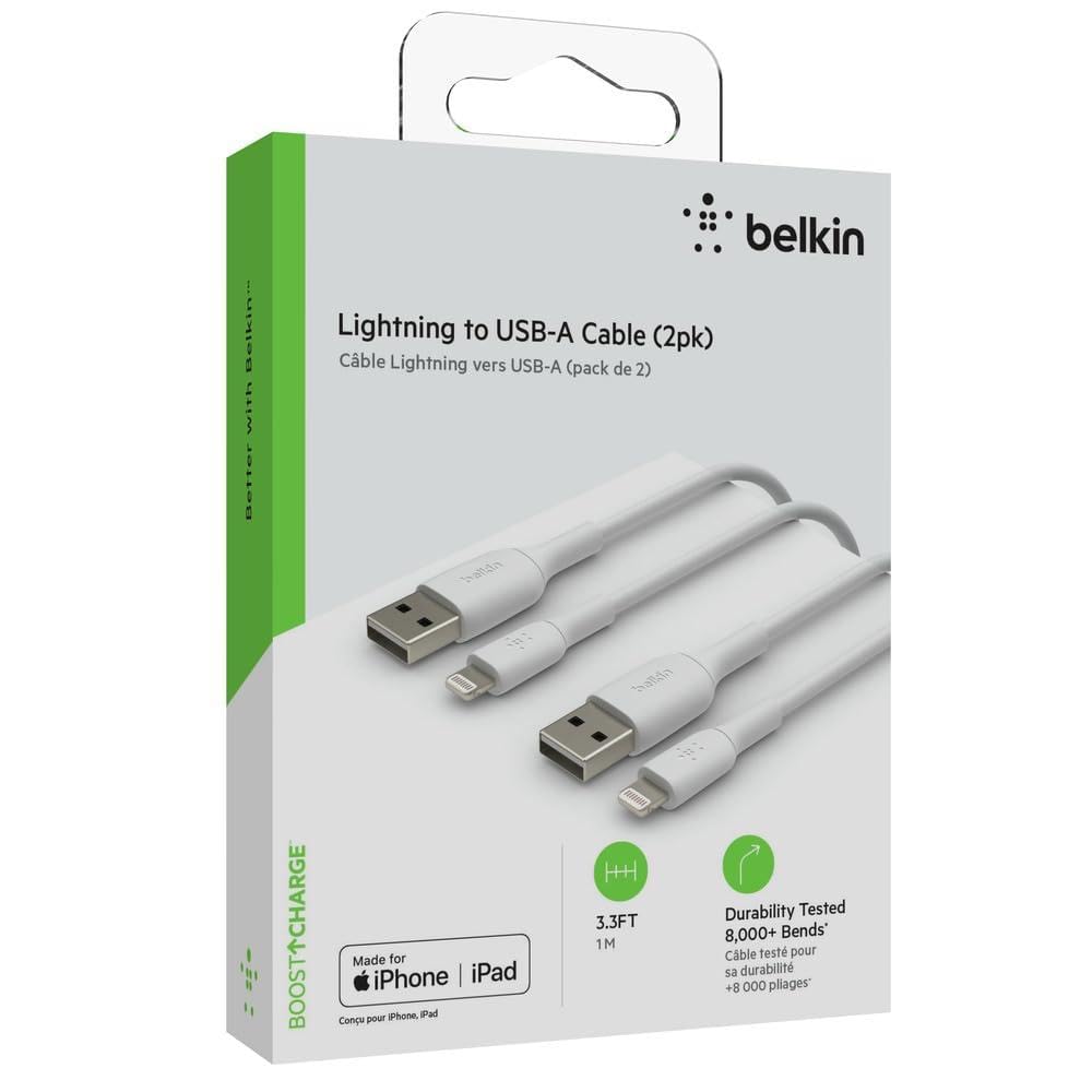 Belkin BoostCharge Lightning Cable 2 Pack   3.3ft/1M   MFi Certified Apple iPhone Charger USB A to Lightning Cable   iPhone Cable   iPhone Charger Cord   Apple Charger   USB Phone Charger   White