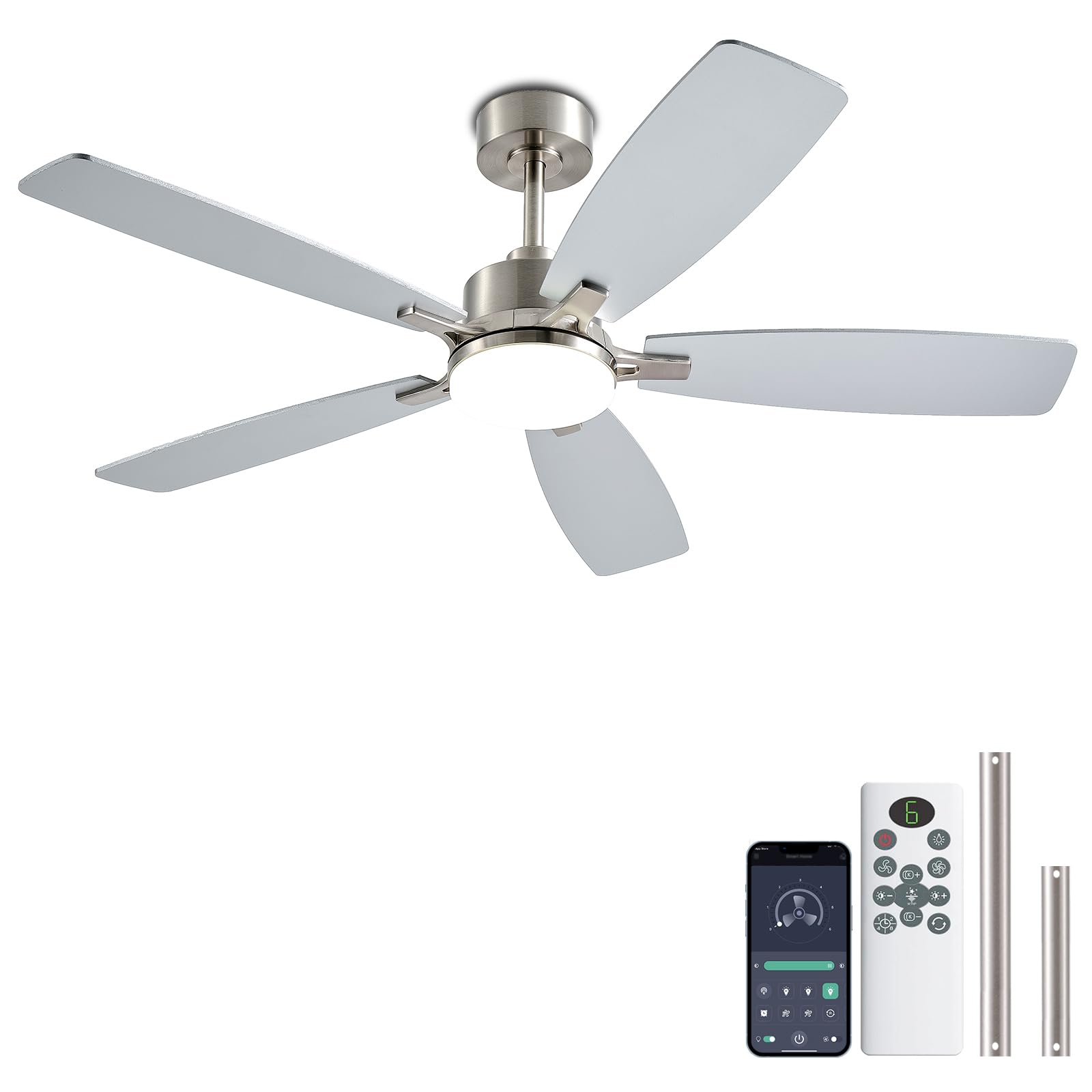 NKPU Ceiling Fans with Lights, 52 Inch Low Profile Ceiling Fan with Light and Remote Control, 2 Downrods, DC Reversible Motor, D