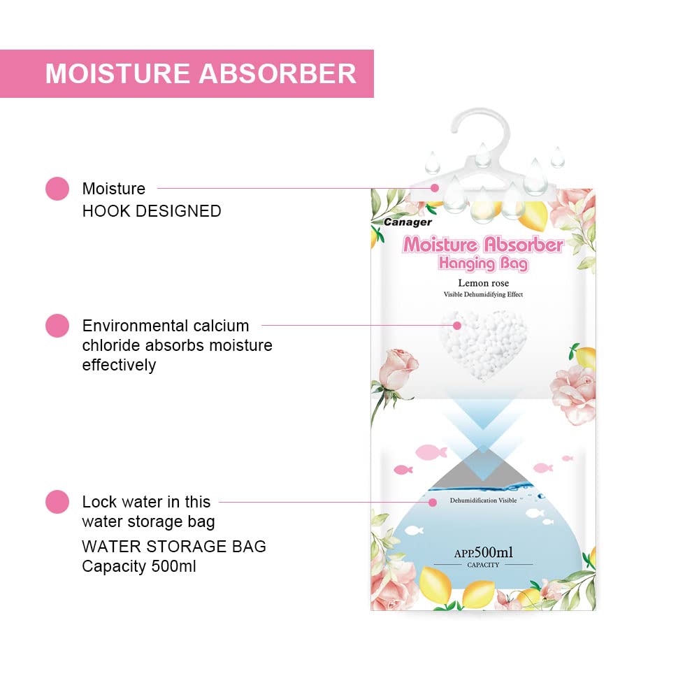 Canager Hanging Moisture Absorber, Lemon Rose Moistureproof Hanging Bag,Dehumidifier Bag (8 Packs) Hanging Closet Dehumidifier B