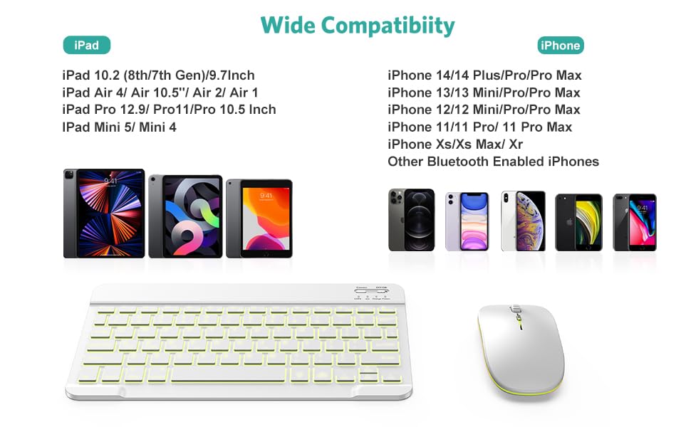 Tecurs Bluetooth Keyboard And Mouse Combo For Ipad, 7 Color Backlit Rechargeable Wireless Keyboard & Mouse Compatible With Ipad