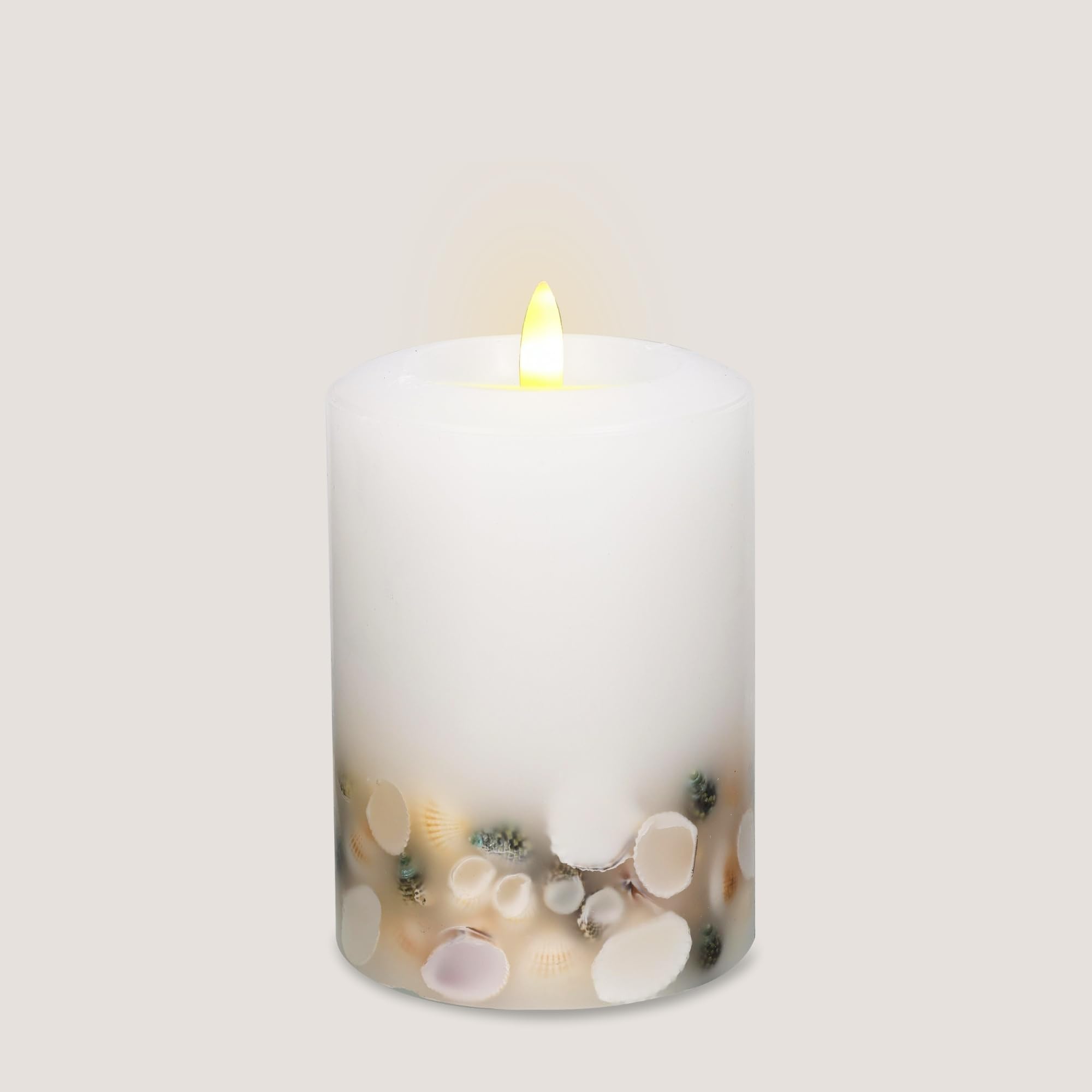 Lumipur Signature Coastal Collection Natural Glow Flickering Flameless Led Wax Pillar Candle With Seashell Embed (White, 3.5'' X