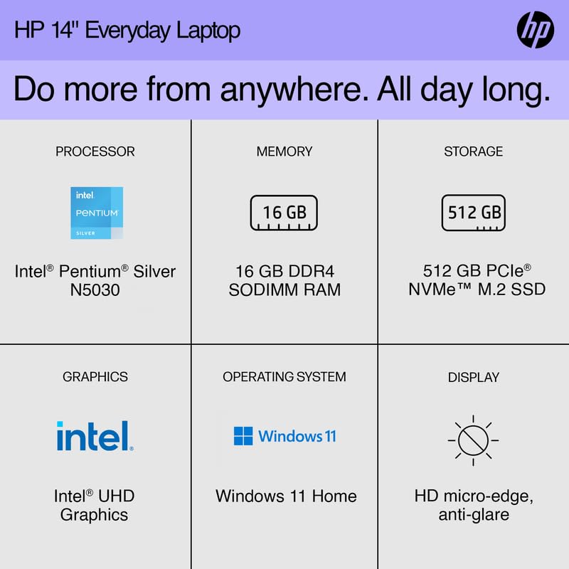 Hp 14 Laptop Portable Slim 2024,14'' Hd Micro-Edge Display, Intel Quad-Core Pentium Processor, 16Gb Ram, 512Gb Ssd Wi-Fi, Webcam