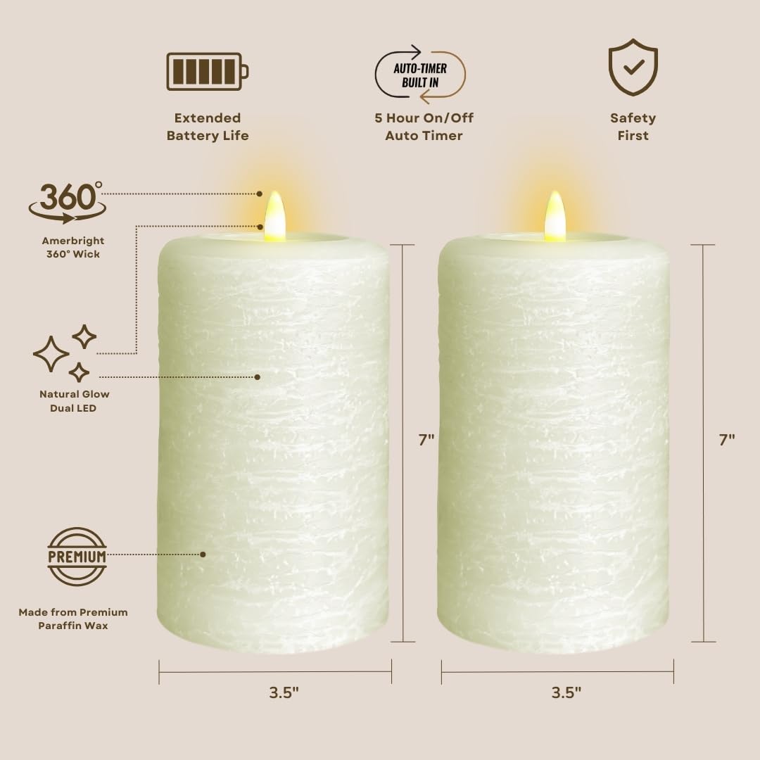 Lumipur Signature Natural Glow Flameless Wax Pillar 2 Pack Led Candles 3.5'' X 7'' Linen White