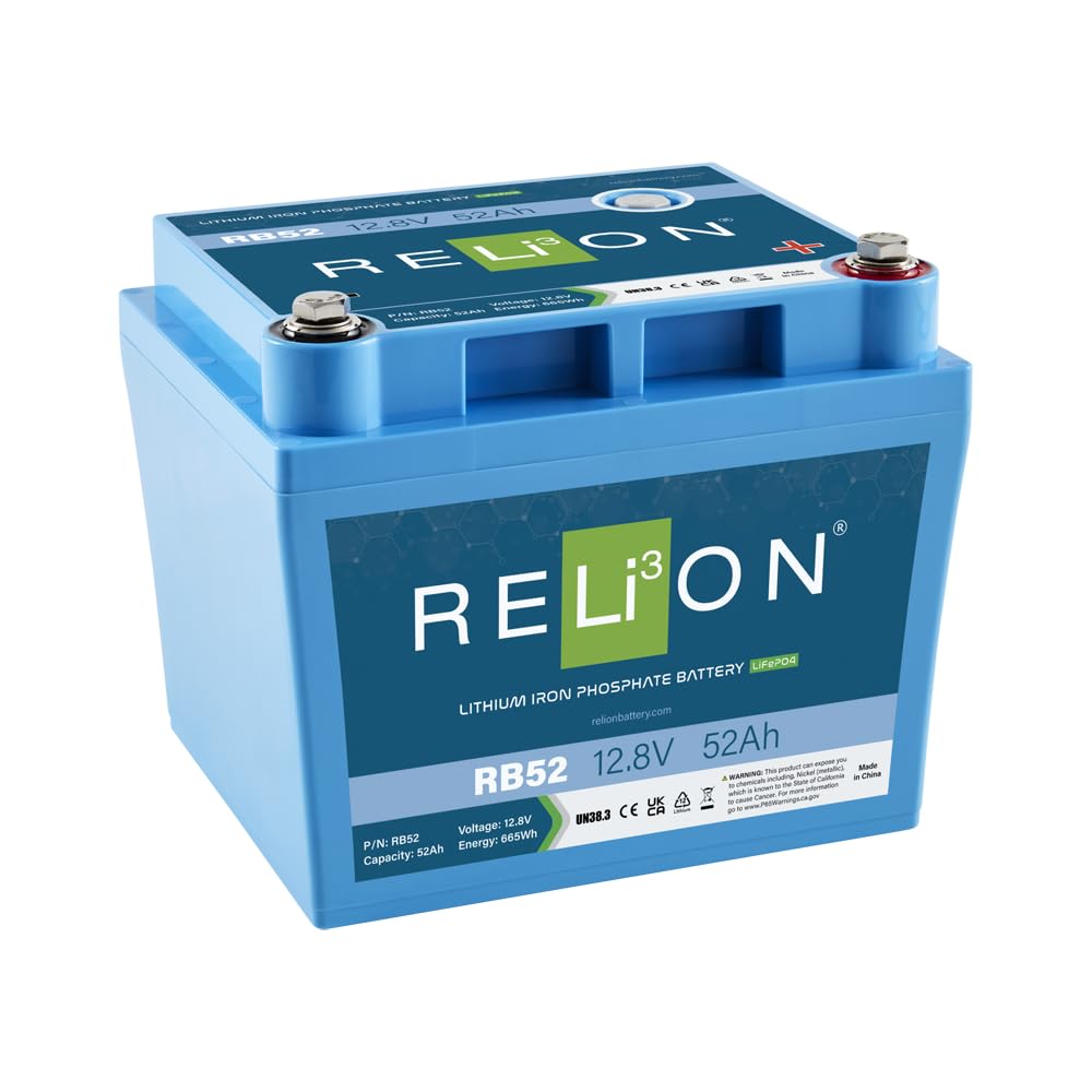 RELiON RB52 | 12V 52Ah LiFePO4 Lithium-ion Battery | 3500~5000 Cycles | Built-in BMS | Waterproof (IP67 Rating)| 10 Year Warrant