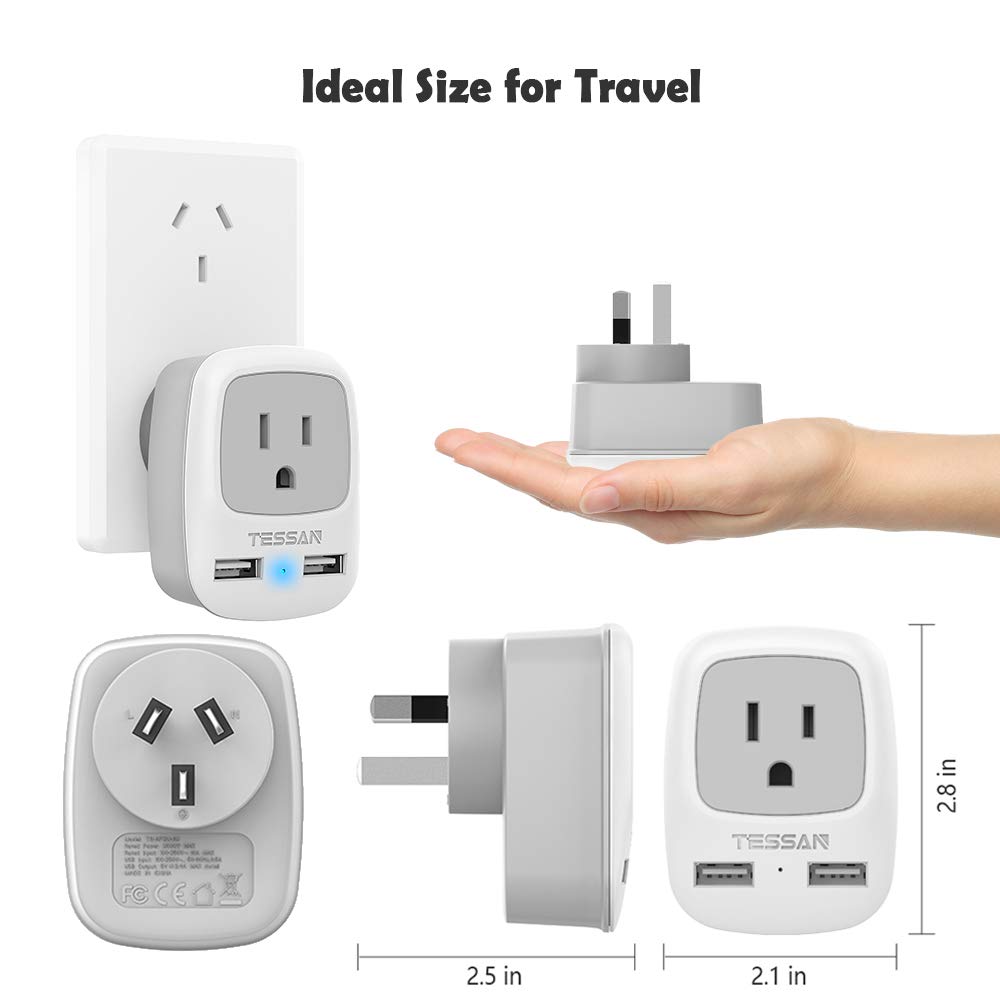 Tessan Australia New Zealand Power Plug Adapter, Australian Travel Adapter 3 In 1 Us Grounded Outlet With 2 Usb Ports For Usa To