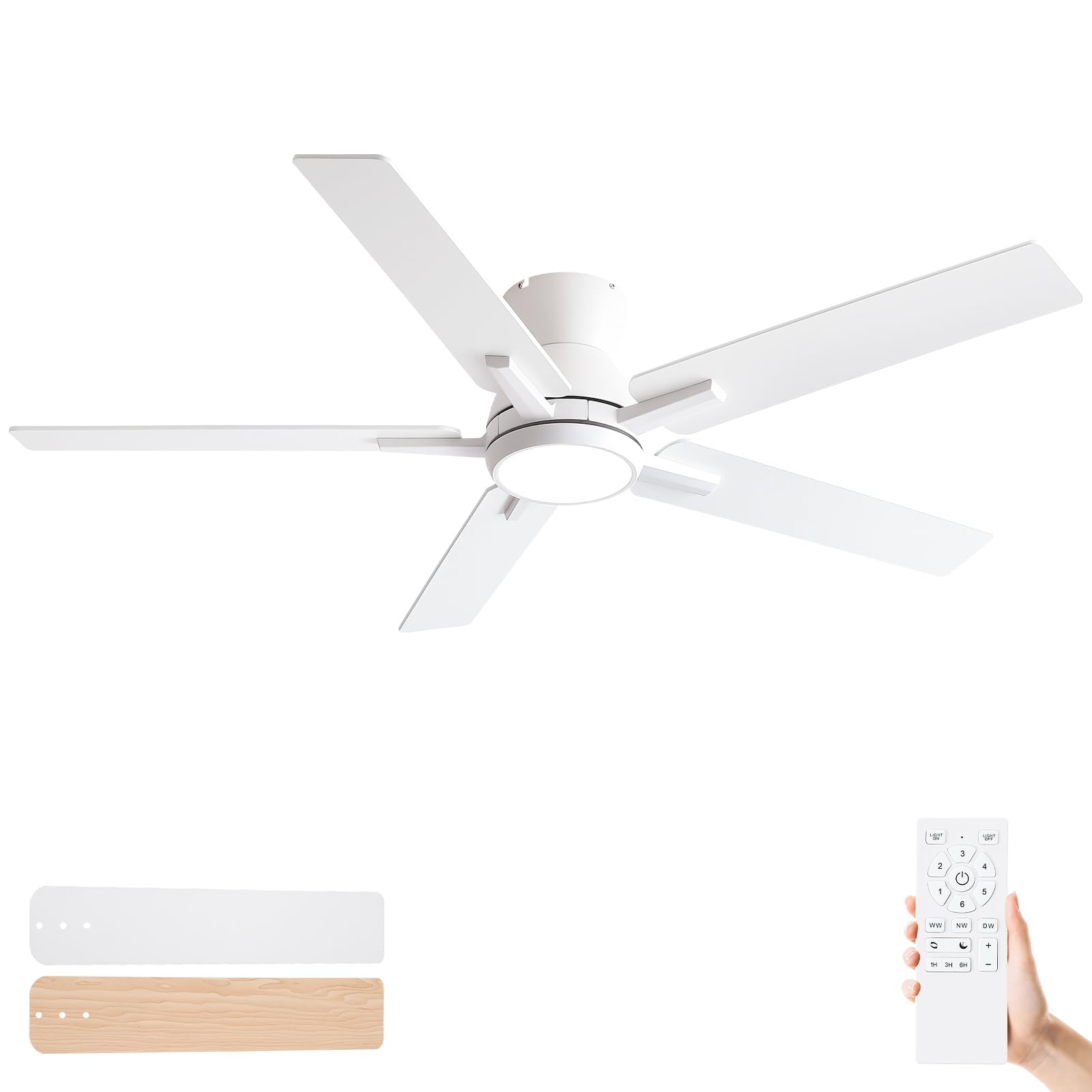52 Inch Ceiling Fans With Lights,White Low Profile Ceiling Fan With Light And Remote Control,Flush Mount,6 Speed Reversible Dc M