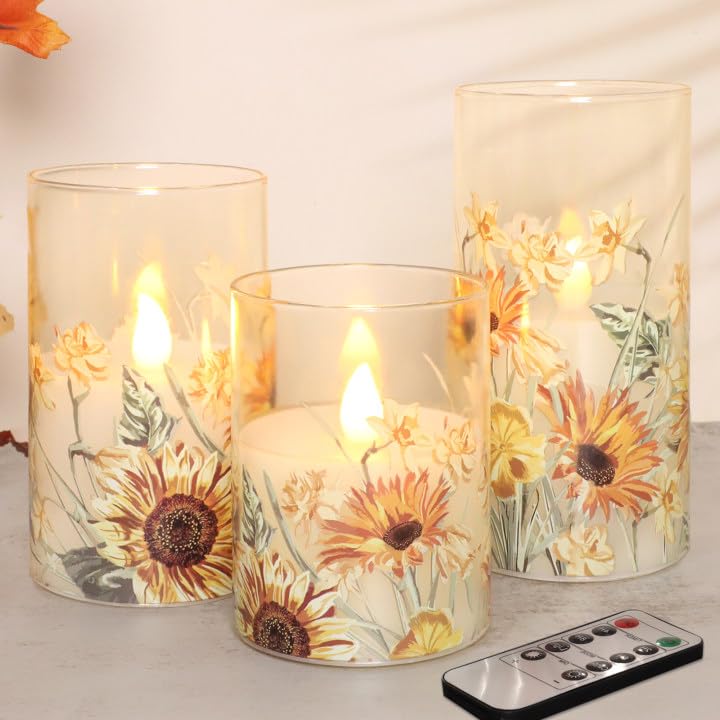 Immeiscent Sunflower Glass Flameless Candles with Remote Battery Operated Flickering LED Pillar Candle Summer Fall Autumn Christ