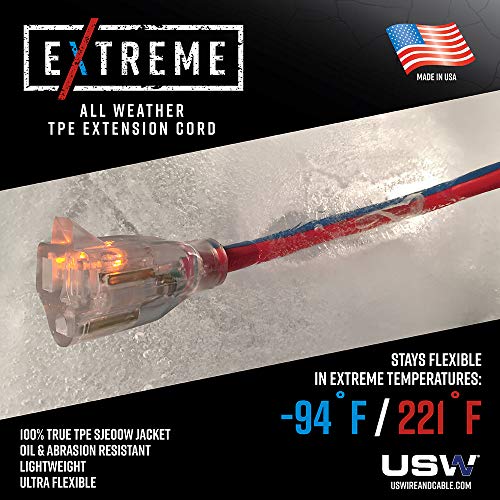 Us Wire 99100 12/3 100 Foot Sjeow Tpe Extreme Weather Extension Cord Blue With Lighted Plug
