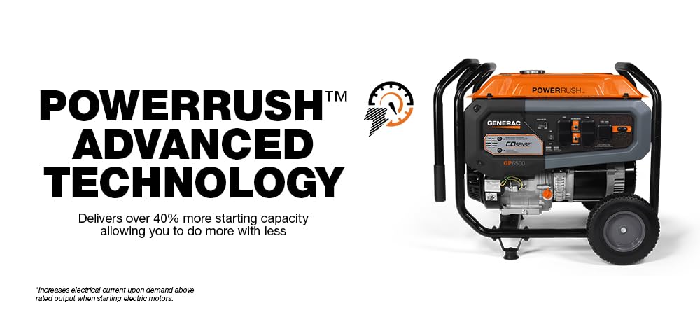 Generac 7672 Gp6500 6,500 Watt Gas Powered Portable Generator With Cord   Cosense Technology   Powerrush Advanced Technology   P