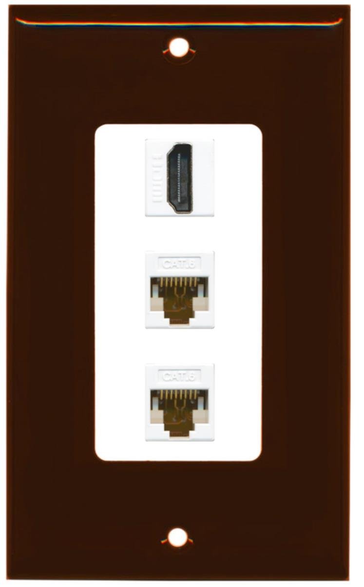 Riteav   1 Port Hdmi 2 Port Cat6 Ethernet Decorative Wall Plate   Brown/White
