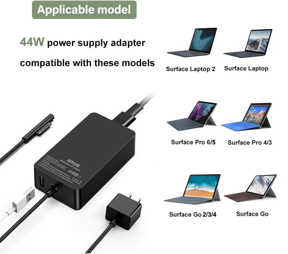 44W 15V 2.58A Surface Pro Ac Laptop Charger For Microsoft Surface Pro 3 Pro 4 Pro 5 Pro 6, Laptop 2/1, Go 2/3 Surface Book 1/2 M