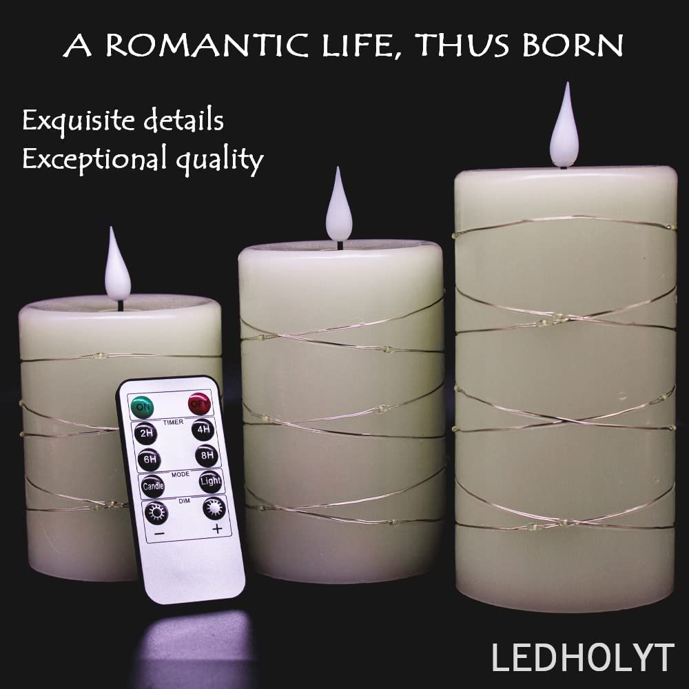 Ledholyt Rechargeable Flameless Candle, Flickering Led Pillar Real Wax Candle With Fairy Lights, Remote Control And Timer, Upgra
