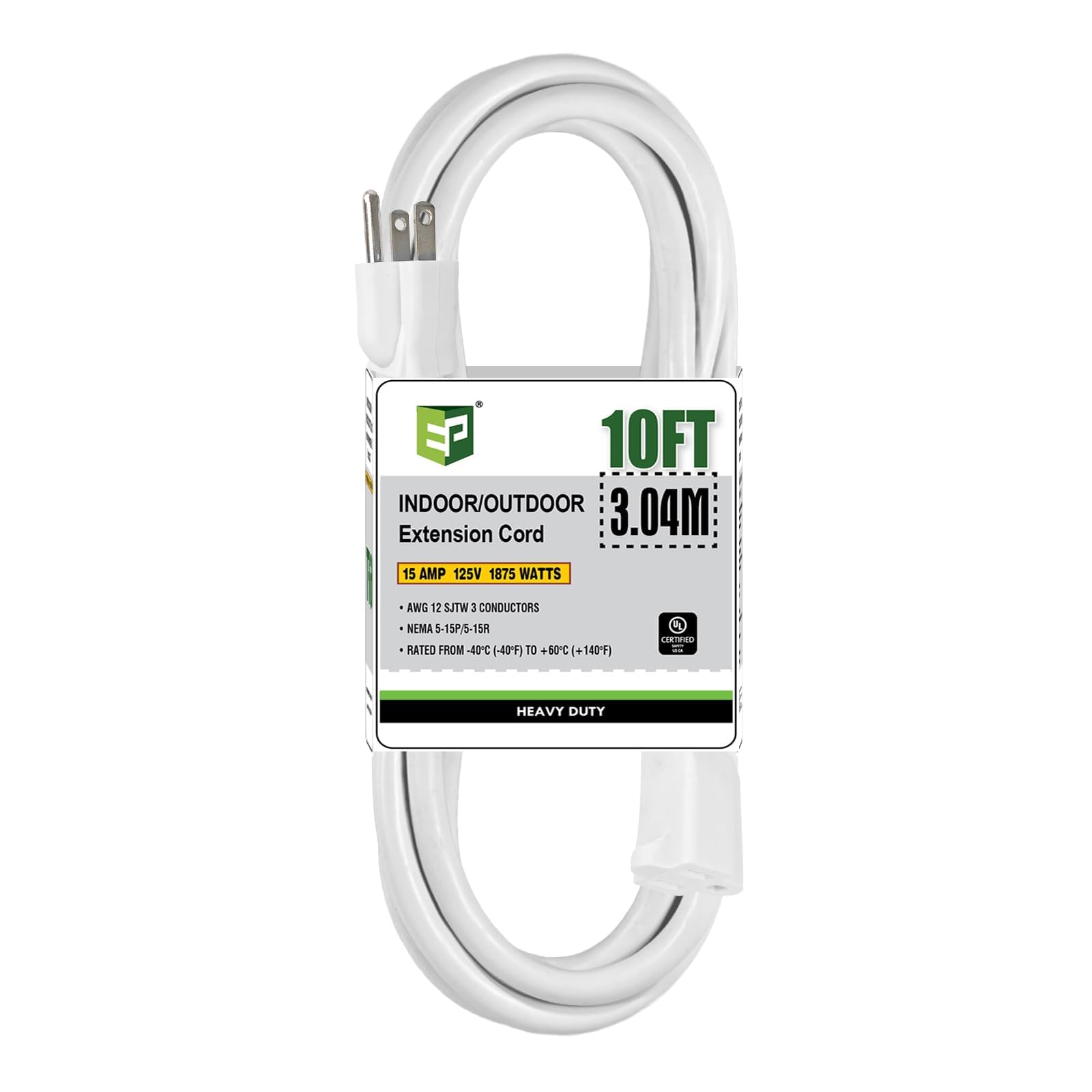 Ep 10 Ft Outdoor Extension Cord, 12/3 Sjtw Heavy Duty Extension Cable With 3 Prong Grounded Plug, 15 Amp Power Cord For Lawn, Ga