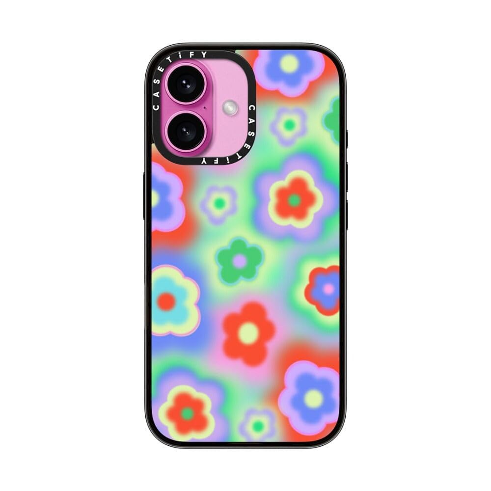 Casetify Compact Case For Iphone 16 [Lightweight / 4 Ft. 2X Military Grade Drop Protection/Slim]   Acid Flowers   Clear Black
