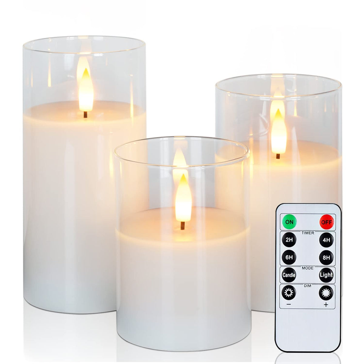 Amagic Clear Glass Flameless Candles Battery Operated with Timer, Remote Control, LED Pillar Candles, Battery Powered, Pure Whit