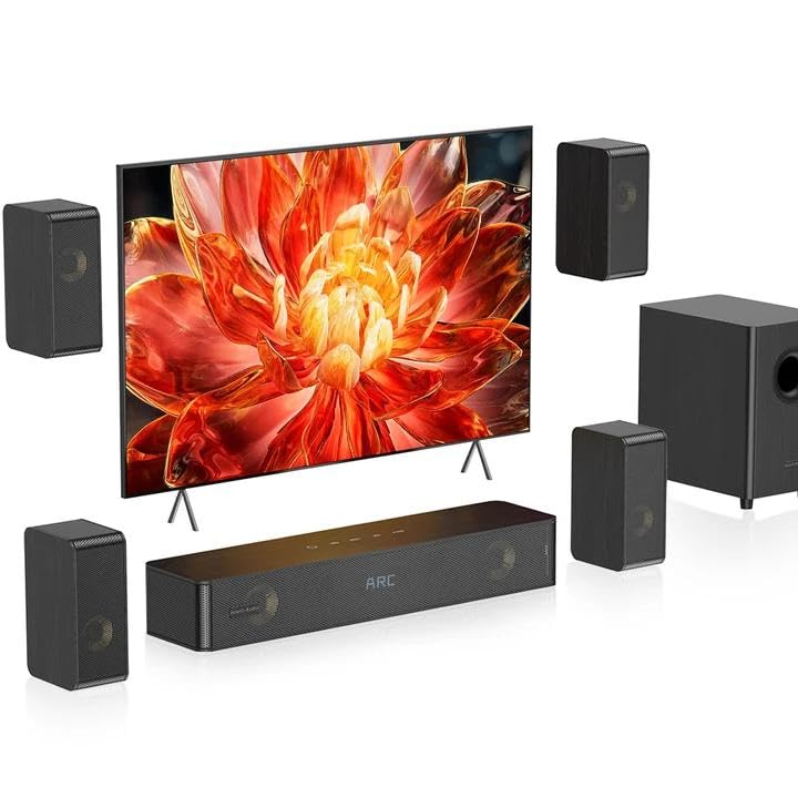 Wooden 5.1.2 Virtual Surround Sound System, 4 Surround Speakers Wired, 400W Peak Power, Sound Bars for Smart TV w/Subwoofer, 5.2