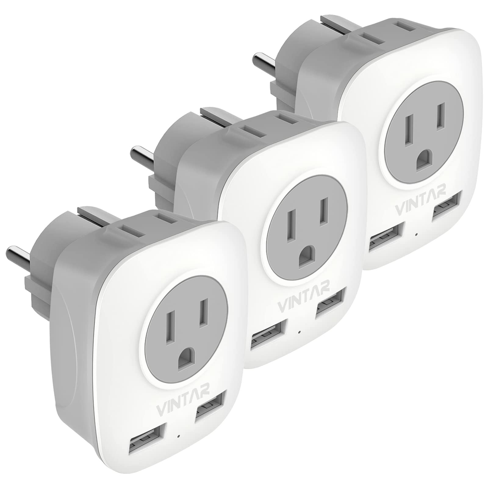 3 Pack Type E/F Germany European Travel Adapter,Vintar Schuko International Power Plug With 2 Usb And 2 Outlet,Us To Most Of Eur