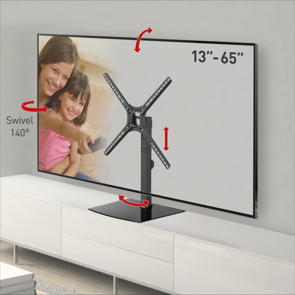 Barkan Tabletop Tv Mount, 13 65 Inch Swivel & Tilt Flat/Curved Tv Stand Base, Holds Up To 36Kg, Patented, Tempered Glass, Fits Led Oled Lcd