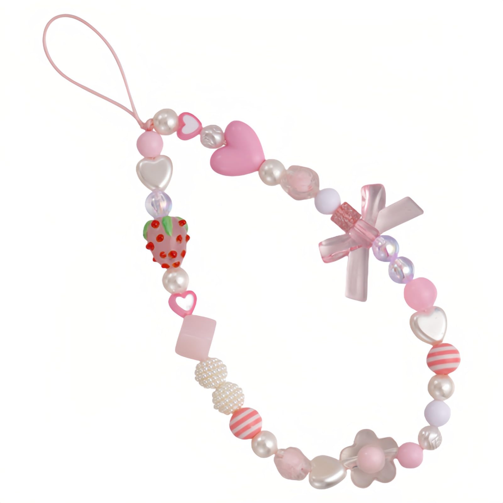 Strawberry Charm Phone Strap & Wristlet - Anti-Loss Sparkle Beaded Lanyard for Phone camera, Cute Kawaii Gift for Women Girls (P