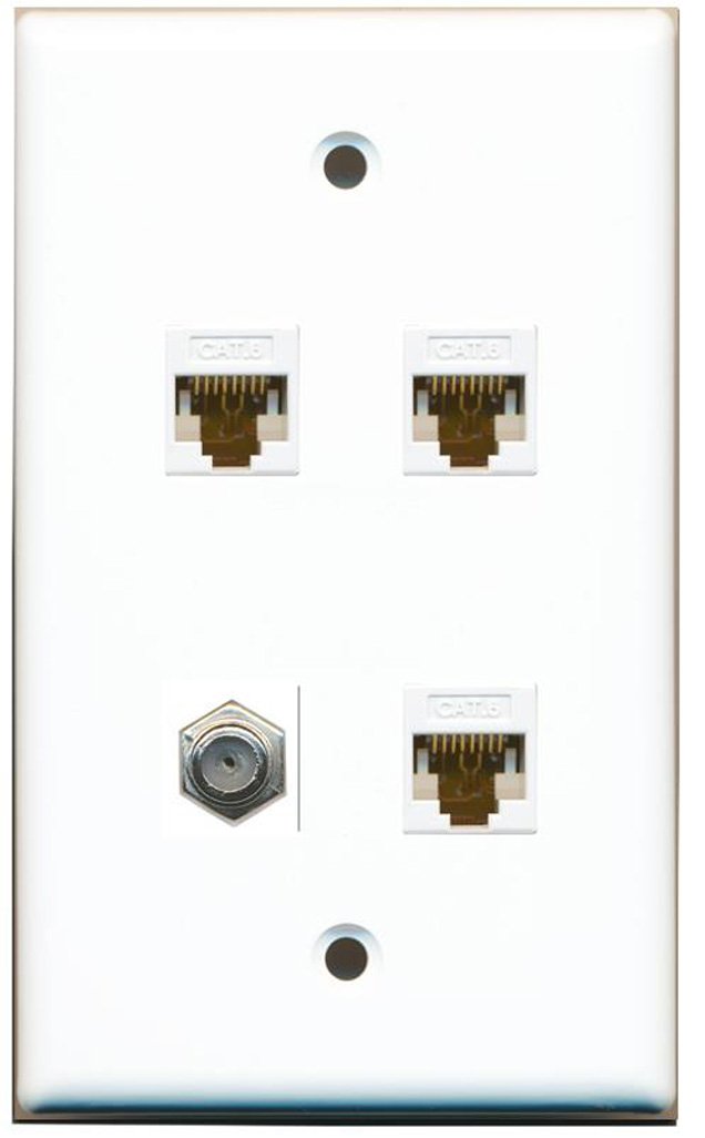 Riteav 1 Port Coax Cable Tv  F Type 3 Port Cat6 Ethernet Wall Plate   White