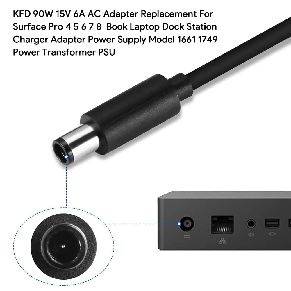 Kfd 90W 15V 6A Ac Adapter Replacement For Micorsoft Surface Pro 4 5 6 7 8 Book Laptop Dock Station Charger Adapter Power Supply Model 1661 1749 Power Transformer Psu