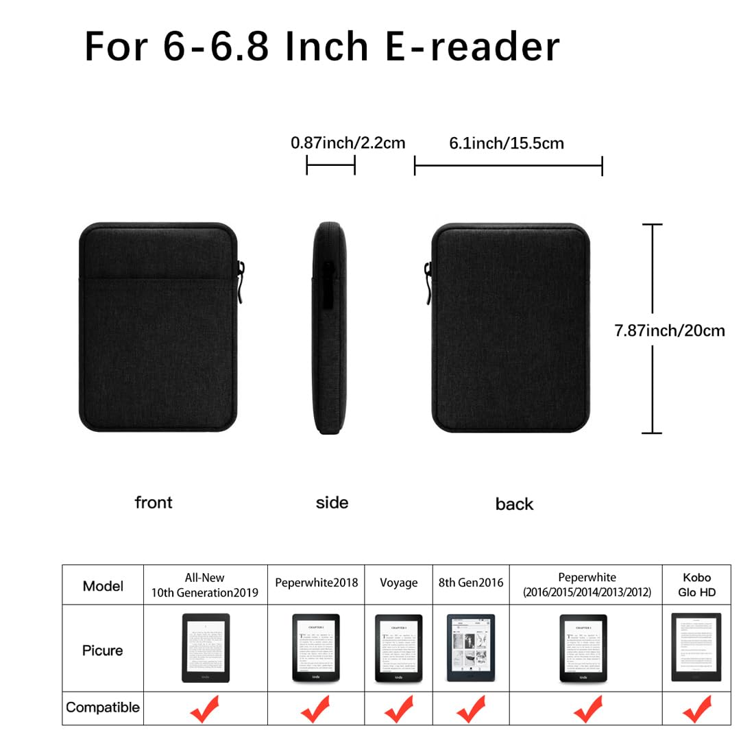 E Reader Sleeve Case Bag For 6 Inch Ebook Reader Tablet Protective Cover Pouch (Black)