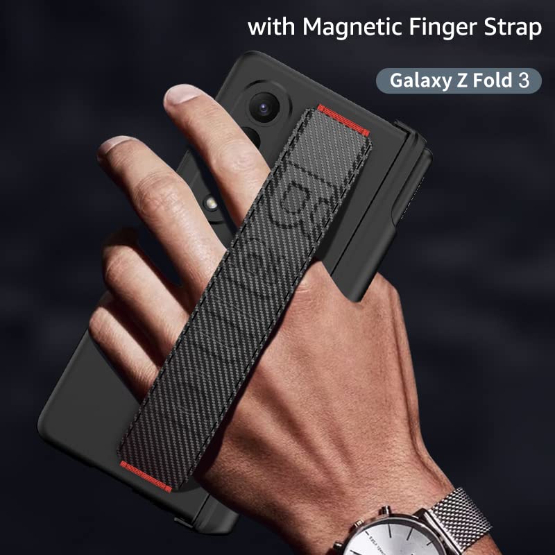 SOUTEM Samsung Galaxy Z Fold 3 5G Phone Case Magnetic Hinge S Pen Slot Screen Protector Wrist Strap PC Black