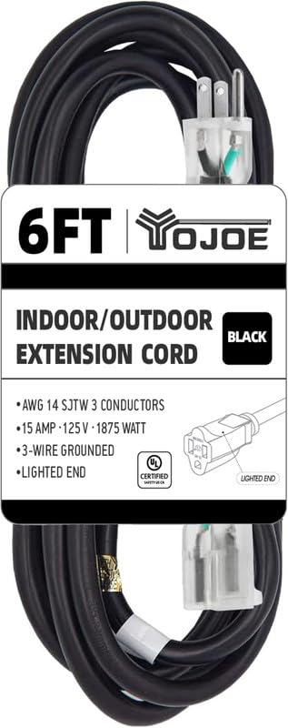 Yojoe Indoor Outdoor Extension Cord With Lighted End, 3 Prong 15A Weatherproof Power Extension Cord, 14 Gauge Heavy Duty 6 Ft Bl