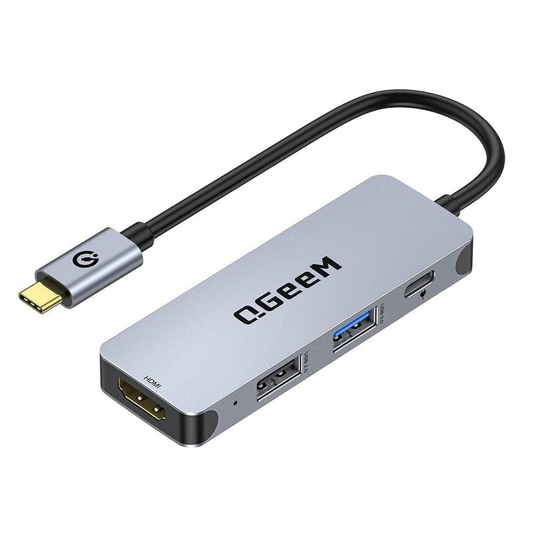 QGeeM USB C Hub 4 in 1 MultiPort Digital AV Adapter 4K HDMI, 100W Power Delivery, 2 USBA Data Ports, USB C Dongle Compatible f