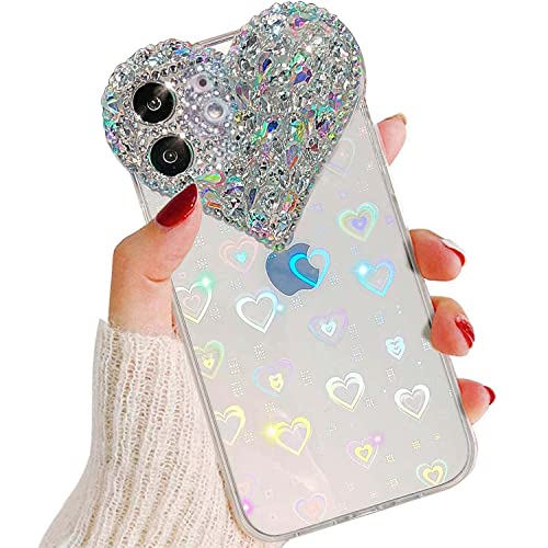 Enytdmo Cute Iphone 11 Case 3D Glitter Sparkle Bling Case For Women Girls, Pretty Rhinestone Diamond Cute Aesthetic Love Heart P