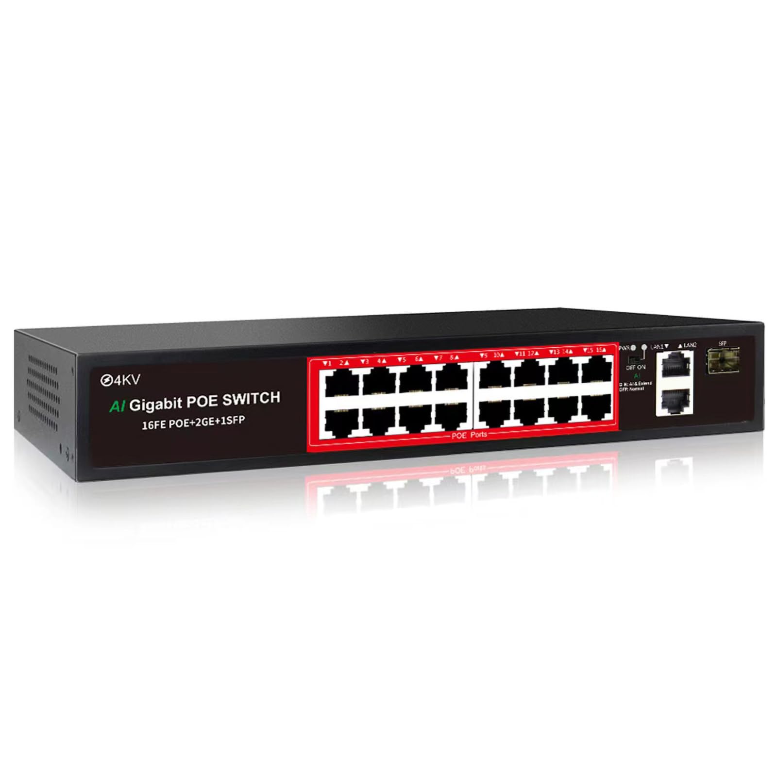 Poe Switch With 16 Poe Ports +2 Gigabit Uplink,1 X 1.25G Sfp,802.3Af/At Poe+ 100Mbps, 240W Built In Power, Extend To 250Meter,Un